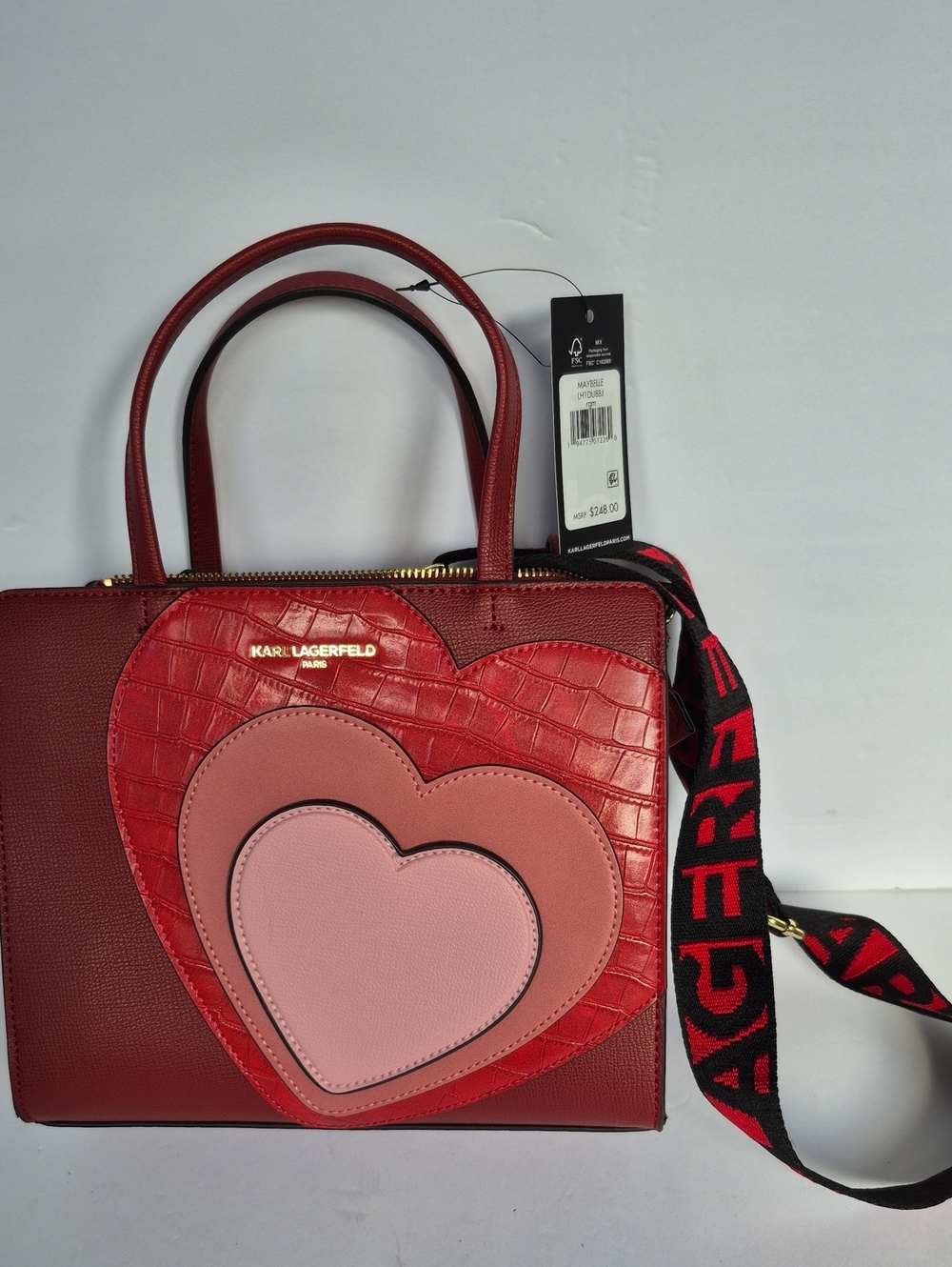 NWT Karl Lagerfeld Maybelle Valentine Heart Tote Crossbody Bag Red Pink